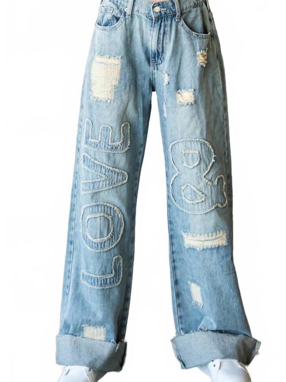 Oli & Hali Light Blue Wide-Leg Distressed Jeans with LOVE & Ampersand Appliqué S